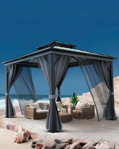 PeacefulHues 10' x 10' Permanent Hardtop Gazebo with Aluminum Frame, Double Galvanized Steel Roof, Curtains and Netting, Outdoor Patio Pavilion for Backyard, Deck, Garden – Gray