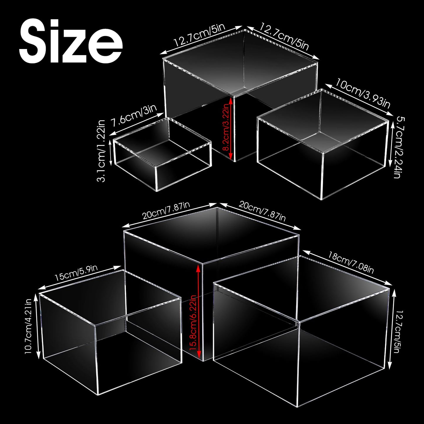 6 Pcs Acrylic Risers for Display Clear Risers Display Stands with Hollow Bottoms 5 Sided Acrylic Cube Boxes Square Nesting Cubes Decorative Stand Shelf for Food Dessert Jewelry Figures Decor 6 Sizes