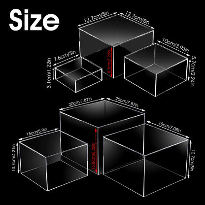 6 Pcs Acrylic Risers for Display Clear Risers Display Stands with Hollow Bottoms 5 Sided Acrylic Cube Boxes Square Nesting Cubes Decorative Stand Shelf for Food Dessert Jewelry Figures Decor 6 Sizes