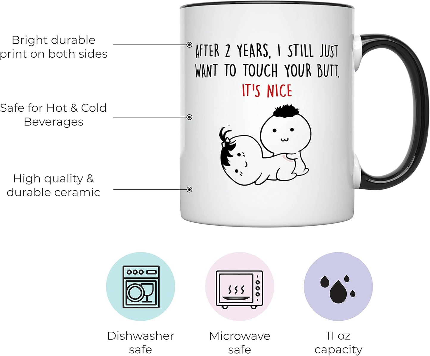 YouNique Designs 2 Year Anniversary Mug, 11 Ounces, Coffee Mug for Girlfriends and Wives (Black Handle)