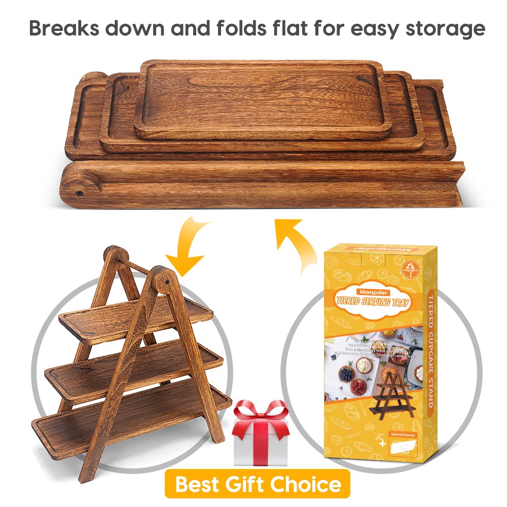 Manspdier Wood 3 Tier Serving Tray Three Tiered Cupcake Stand, Rectangle Serving Platter Wooden Farmhouse Tiered Tray, Party Serving Brown Decorative Tray Decor