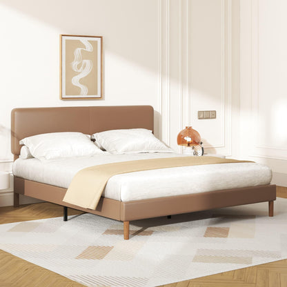 Mxhtcewz King Bed Frame with Adjustable Headboard, Faux Leather Upholstered Platform Bed Frame, No Box Spring Needed, Noise-Free, Easy Assembly, Brown