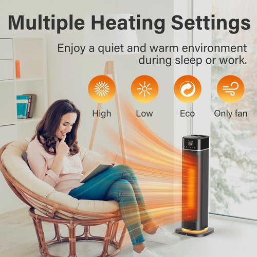 24" Space Heater, JRD Fast Heating Portable Electric Heater with Remote, Night Light, 80° Oscillation,4 Mode, Overheat&Tip-Over Protection, Ceramic Heat for Bedroom Office Indoor
