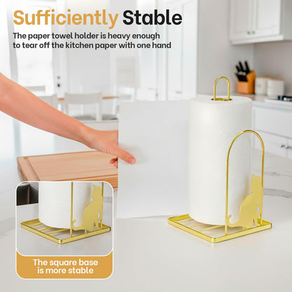Megier Paper Towel Holder for Countertop, Kitchen Paper Towel Stand with Cat Pattern Decoration，Fit Standard Jumbo Roll in Dining Table or Bathroom, Toilet Paper Dispenser with Heavy Duty Base (Gold)