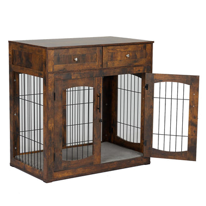 Dog Crate Furniture with Double Drawers, Wooden End Table Dog Kennel, Furniture Style Wood House Crate for Large Dogs, Decorative Dog Crate with Storage for Large Breed, 40 Inch Retro