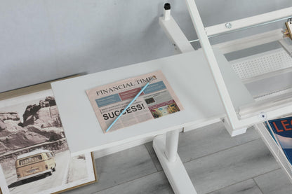 GOWE Hand Crank Adjustable Drafting Table Drawing Desk with 2 Metal Drawers (White) with Stool
