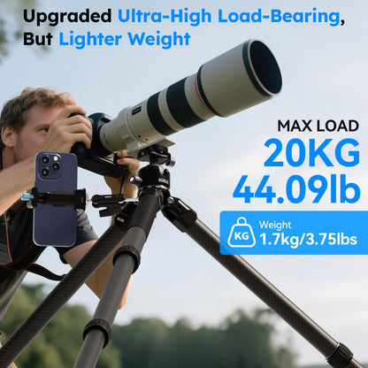 SIRUI Heavy-Duty Carbon Fiber Tripod, 59.8” Pro Tripod with Low Center of Gravity Ball Head, 44lbs Load, 6 Mounting Ports, Corrosion Resistance–for DSLR, Mirrorless, Telephoto, Wildlife（AM-324S+G1）