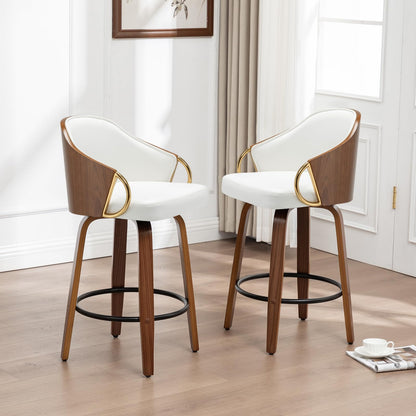 YOUUGIOR 30" Swivel Bar Height Bar Stools Set of 2,White Leather Tall Barstools Mid Century Modern Bar Chairs with Wood Legs and Golden Arms for Kitchen Dining Pub Cafe