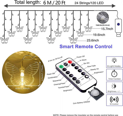 20Ft 120LED 24 8 Curtain Butterfly String Light Window USB Fairy Lights Butterfly Modes with Remote Control for Room