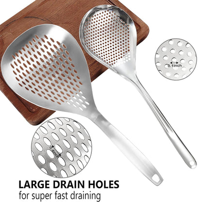 KAYCROWN Skimmer Slotted Spoon, 2 Pack Stainless Steel Pasta Spider Strainer Skimmer Ladle Spoon for Frying and Cooking, Frying Strainer, Kitchen Cooking Colander