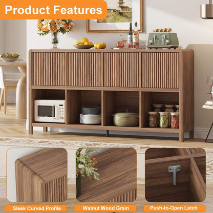 FATORRI 8 Cube Bookcase with 4 Doors, Wood Bookshelf with Storage Cabinet, Low Horizontal Storage Book Shelf for Living Room, Home Office, Dining (57 Inch Walnut)