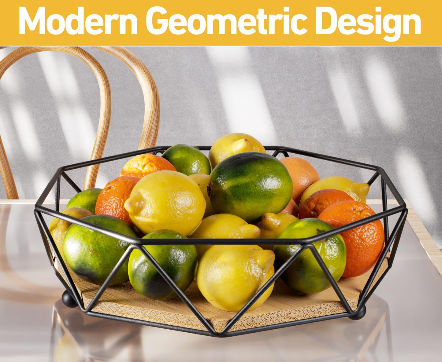 Fruit Bowl for Kitchen Counter - 12"W Metal & Wood Modern Fruit Bowl for Table - Large Produce Basket for Kitchen Counter - Stylish Wood & Black Decorative Bowl - Dining Table Centerpiece Decor Bowl