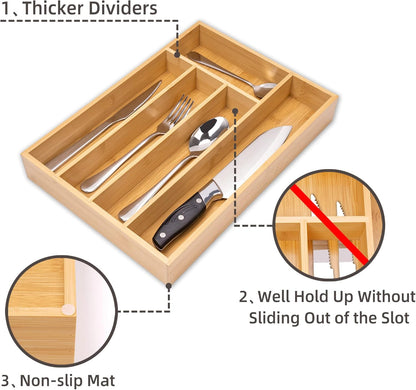 Silverware Organizer Bamboo Kitchen Drawer, Utensil Holder Cutlery Organizer Tray