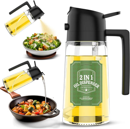 Oil Dispenser for Kitchen, 2 in 1 Oil Sprayer and Dispenser Spray Bottle, 16oz/470ml for Cooking, Barbecue, Salad