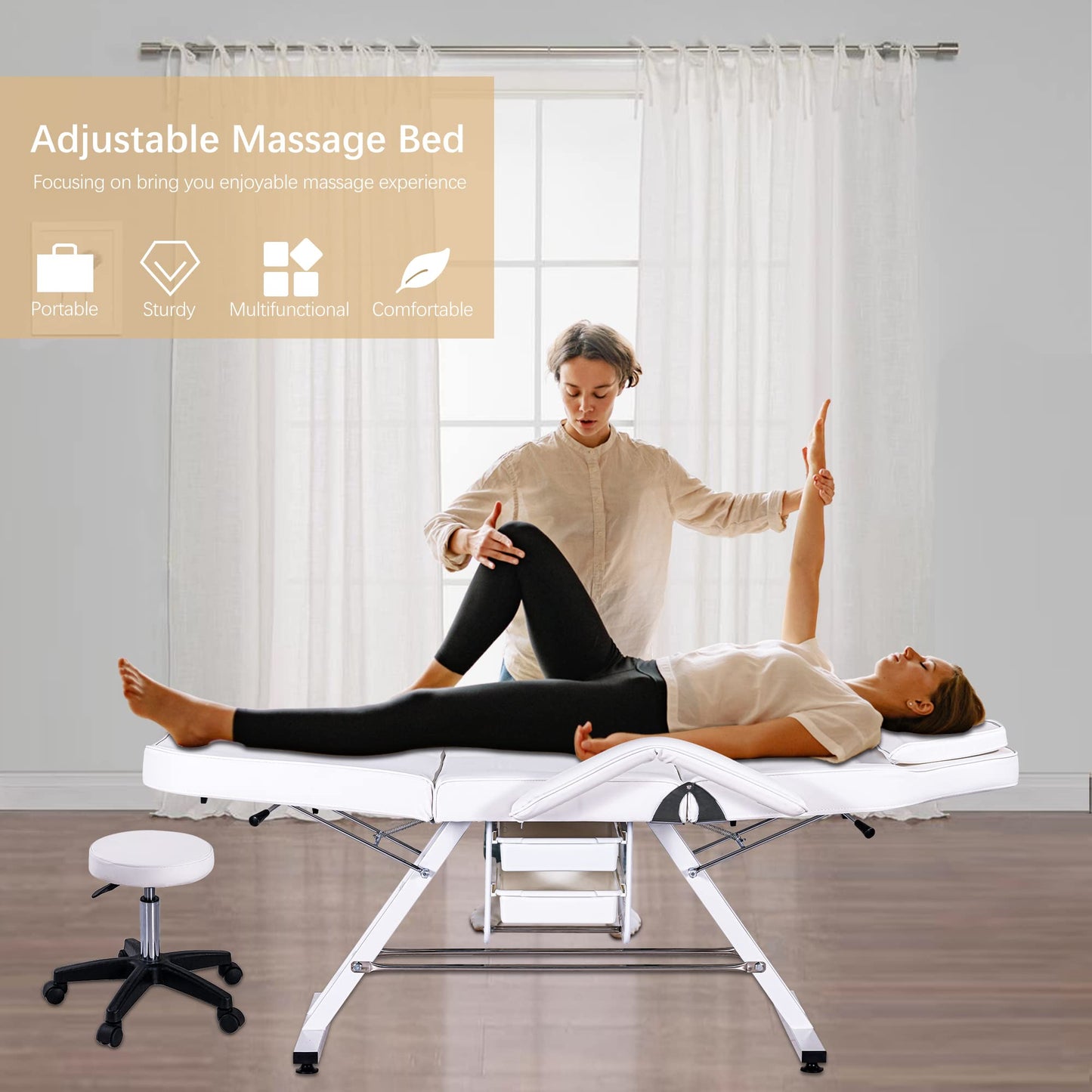 Amacv Massage Salon Tattoo Chair with Two Trays Esthetician Bed with Hydraulic Stool,Multi-Purpose 3-Section Facial Bed Table, Adjustable Beauty Barber Spa Beauty Equipment, White