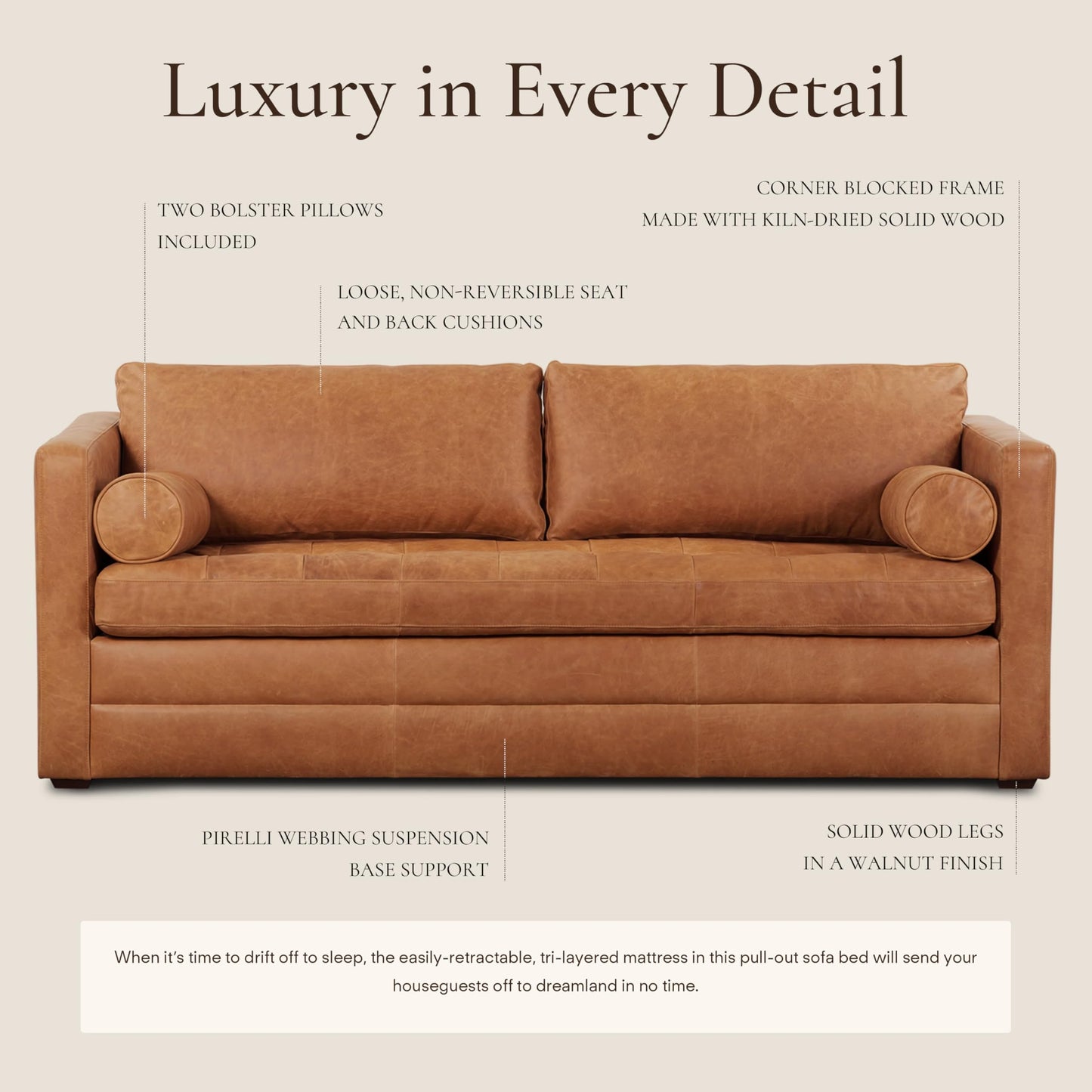 POLY & BARK Napa 82" Leather Pull‑Out Sleeper Sofa – Full‑Grain Italian Leather Upholstery,Tri‑Layer Mattress & Storage Console –Sophisticated Multi‑Functional Sofa Bed for Living Rooms & Guest Spaces