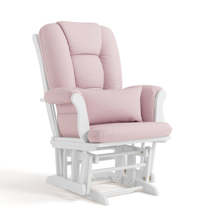 Storkcraft Tuscany Custom Glider and Ottoman with Free Lumbar Pillow (White/Pink Blush Swirl) - Cleanable Upholstered Comfort Rocking Nursery Chair with Ottoman