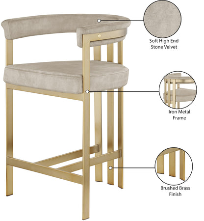 Meridian Furniture 596Stone-C Marcello Collection Modern | Contemporary Velvet Upholstered Counter Height Stool with Brushed Brass Iron Frame, 22.5" W x 20" D x 35.5" H, Stone, Set of 2