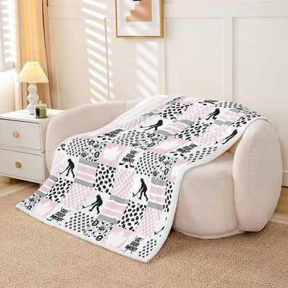 Erosebridal Ice Hockey Twin Size Fleece Blanket for Girls, Puck Sports Games Fuzzy Blankets for Kids Teens Bedroom, Hockey Player Throw Blanket Plaid Patchwork Blankets, Pink White Black