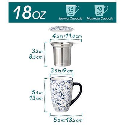 vancasso SELENE Porcelain Tea Mug, 18 oz Porcelain Tea Cup with Infuser and Lid Steeps Loose Leaf Tea, Microwave & Dishwasher Safe, Floral Bloom