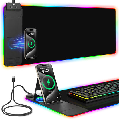 Mouse Pad with Wireless Charging, Large Desk Mat RGB Gaming Mousepad, 10 Light Colors LED Gaming Pad Keyboard Pad with Ultra-Smooth Surface & Non-Slip Rubber Base, Waterproof Full Desk Mouse Pad