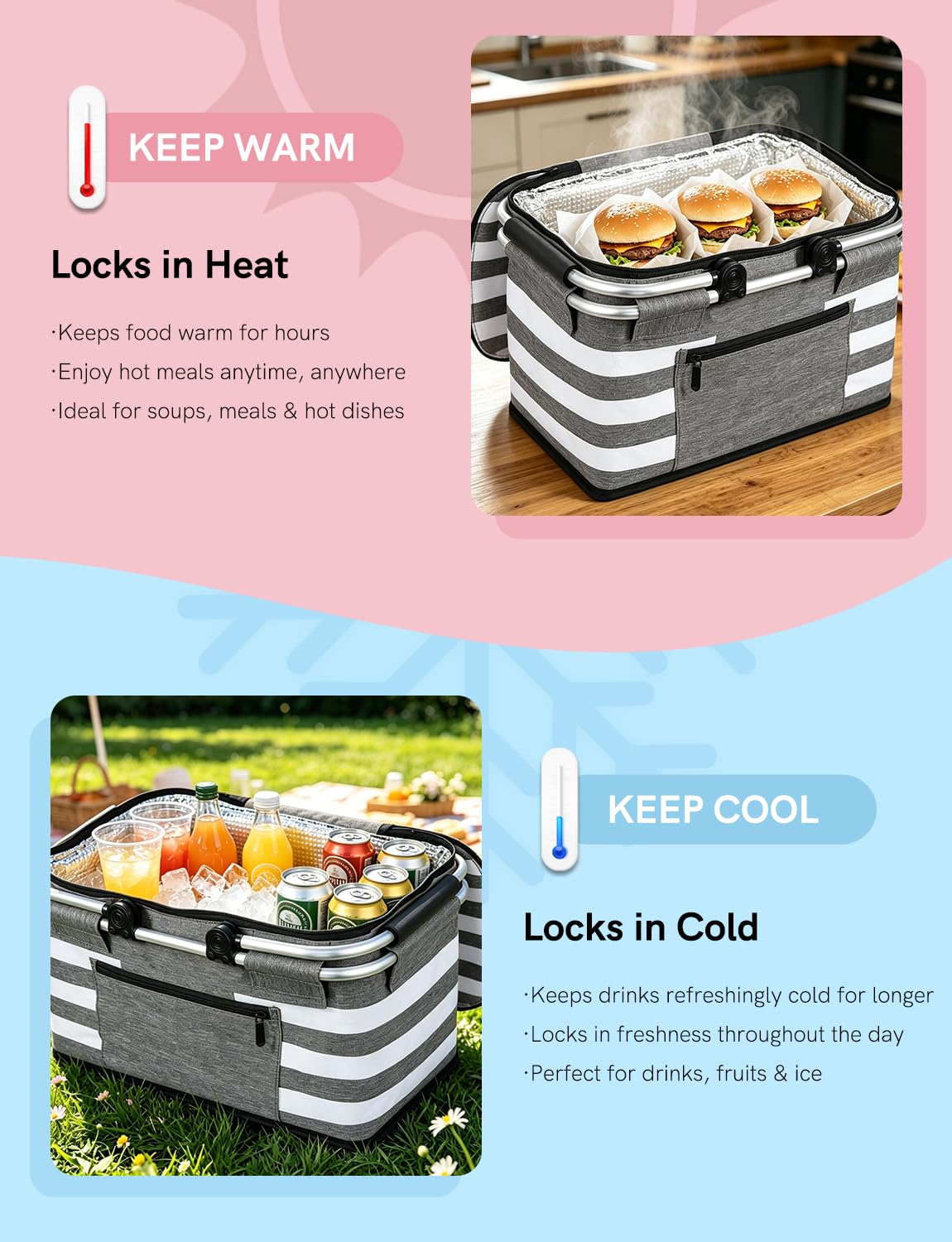 KEFOMOL Insulated Picnic Basket,Leak-Proof Collapsible Cooler Bag,26L Grocery Basket with Lid,2 Sturdy Handles,Storage Basket for Picnic,Food Delivery,Take Outs,Market Shopping,Travel (Gray)