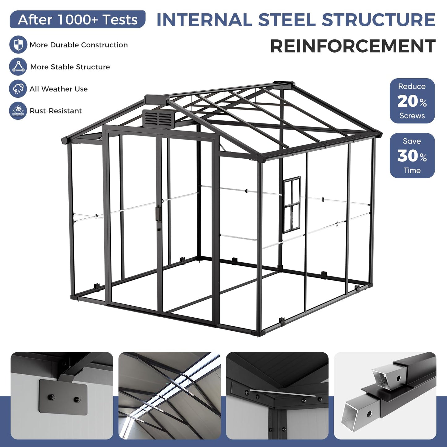 CDCASA 8x8x7 FT Resin Shed with Floor Included, Steel‑Reinforced Large Waterproof Outdoor Storage Sheds with Base & Lockable Door & Window & Vents, Outside Plastic Tool for Outside Patio Backyard