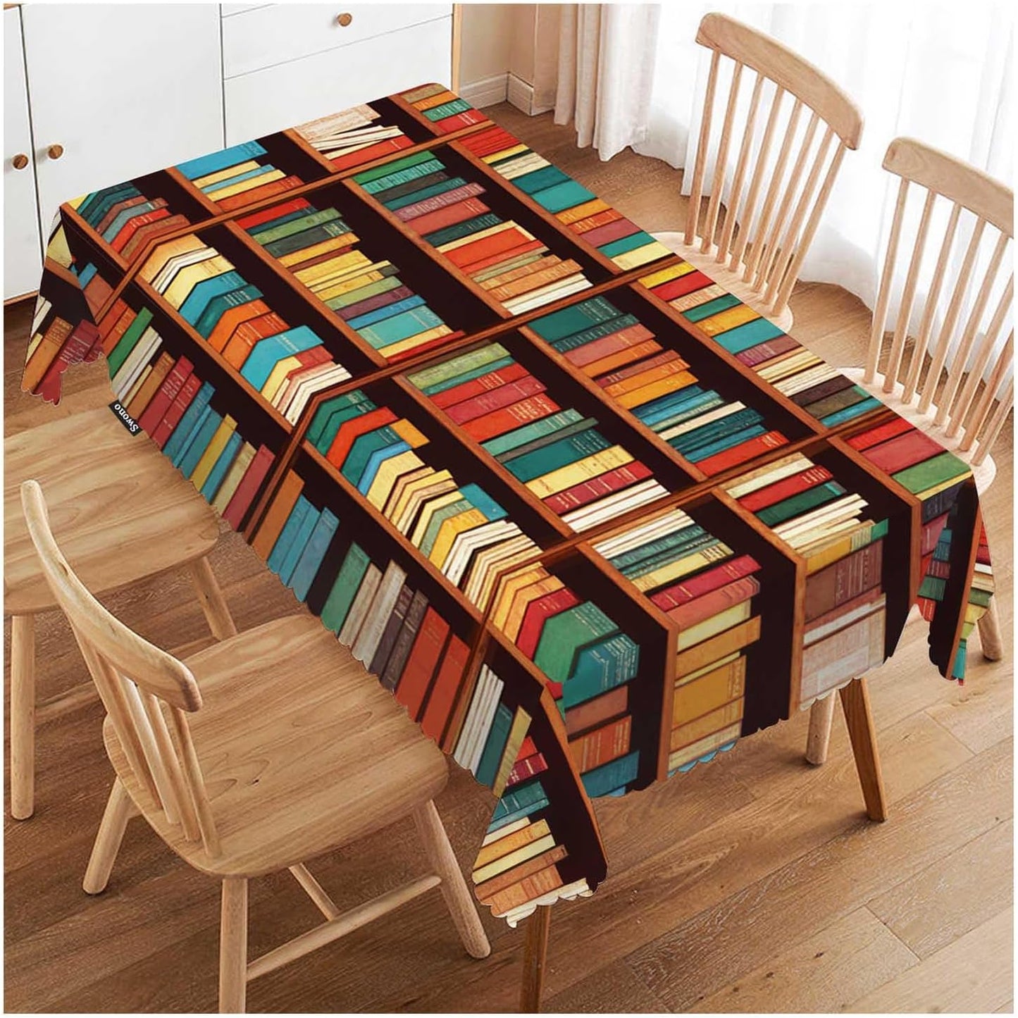 Swono 52x 70 Inch Book Shelf Tablecloth Retro Bookshelf Literature Books Rectangle Table Cloth Washable Plaid Table
