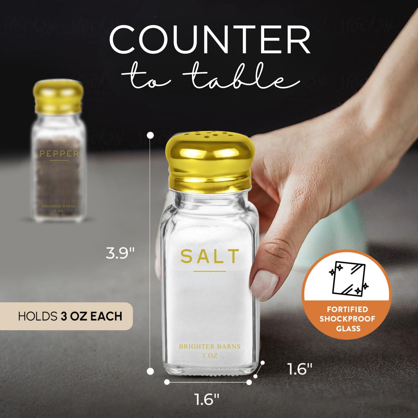 Gold Salt and Pepper Shakers Set by Brighter Barns - Gold Kitchen Decor & Accessories - Neutral Minimal Decor - Modern Glass Shakers with Stainless Steel Lids for Home, Restaurants