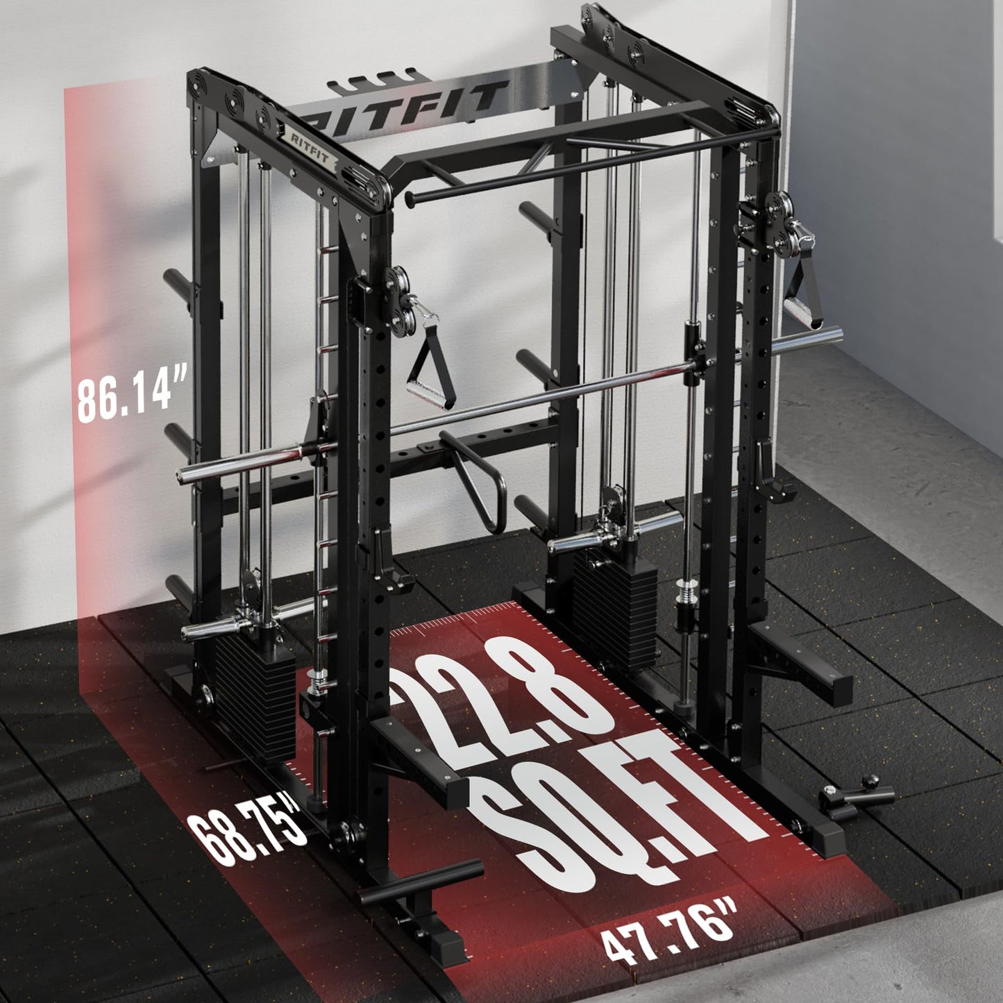 RitFit M2 Smith Machine with Cable Crossover System, 3D Functional Trainer & Power Cage, 16 Adjustment Holes, 6 Storage Pegs for Full-Body Home Gym(M2 Pro Black)