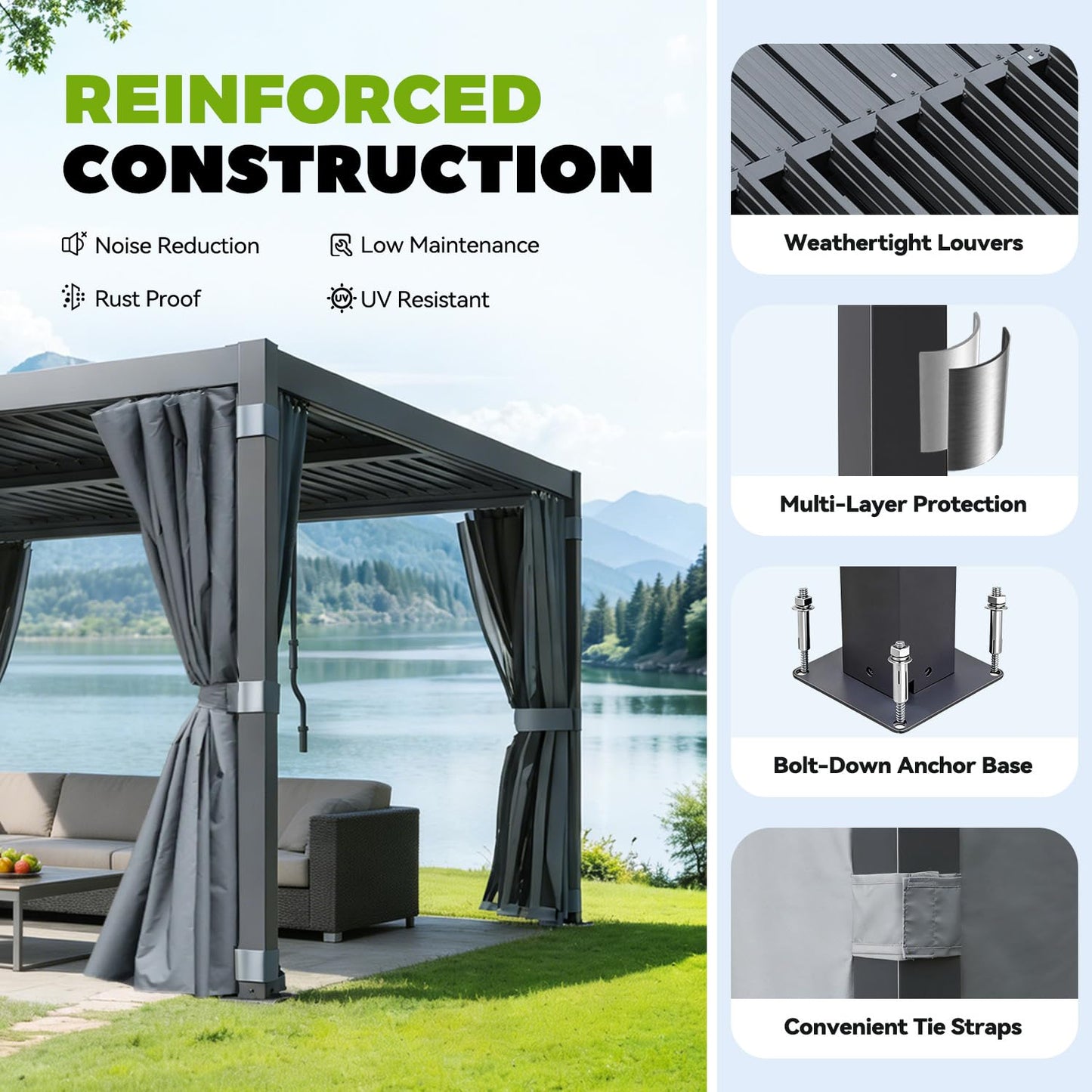 MELLCOM Louvered Pergola 10x12, Outdoor Rustproof Shelter with Adjustable Roof, Steel Aluminum Gazebo with Waterproof Curtains and Netting for Patio Deck, Dark Grey
