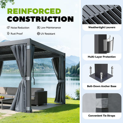 MELLCOM Louvered Pergola 10x12, Outdoor Rustproof Shelter with Adjustable Roof, Steel Aluminum Gazebo with Waterproof Curtains and Netting for Patio Deck, Dark Grey