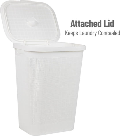 Mind Reader 60L Slim Laundry Hamper, Clothes Basket with Lid, Linen Design, Plastic, 18.25”L x 14.25”W x 23.5”H, White