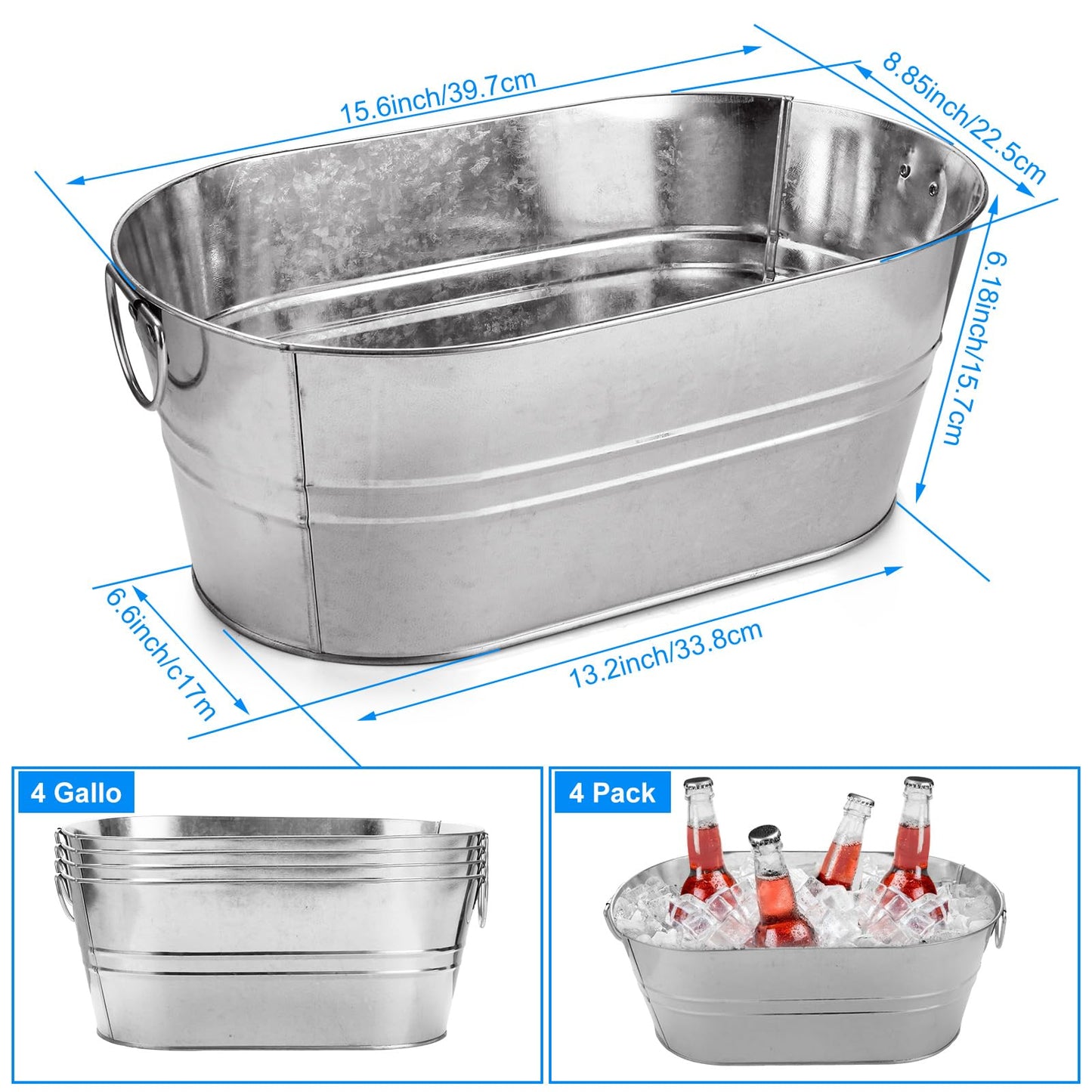 ZUQIAN 4 Pack Galvanized Tub 3.3 Gallon Ice Bucket with Handle Large Metal Champagne Drink Bucket Galvanized Ice Buckets for Parties Mimosa Bar Cocktail Bar