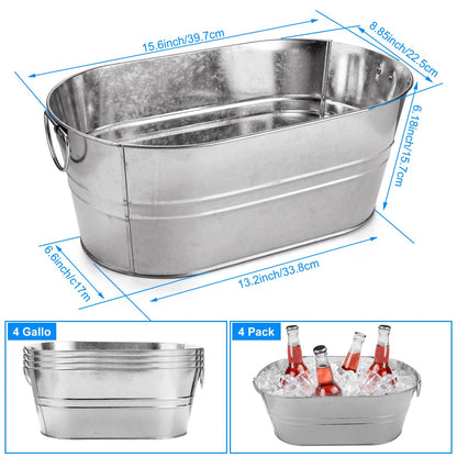 ZUQIAN 4 Pack Galvanized Tub 3.3 Gallon Ice Bucket with Handle Large Metal Champagne Drink Bucket Galvanized Ice Buckets for Parties Mimosa Bar Cocktail Bar