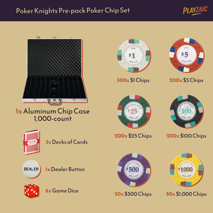 Playzaic 1000-piece Aluminum Poker Knights Poker Chip Case - 13.5-gram Heavy Clay Composite Set - Casino Chips for Texas Holdem, Blackjack - Betting Game Accessories