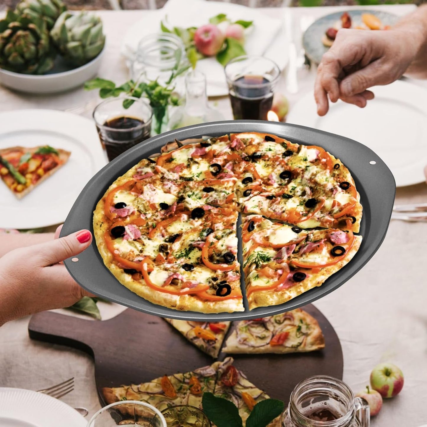 Pizza Pan, 14 Inch Nonstick for Oven with Widen Handles for Cooking, Baking, Grilling, Black