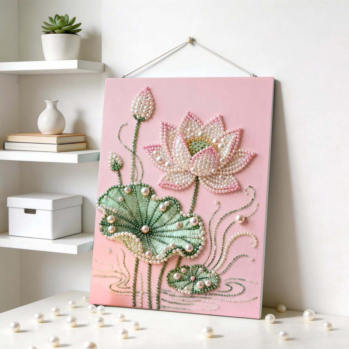 LCOZX 12x16 Inch Lotus Flower Pearl Diamond Painting Kits for Adults, 5D Diamond Art for Kids Beginners, DIY Special Shape Pearl Gem Crafts for Home Wall Decor, No Frame Included