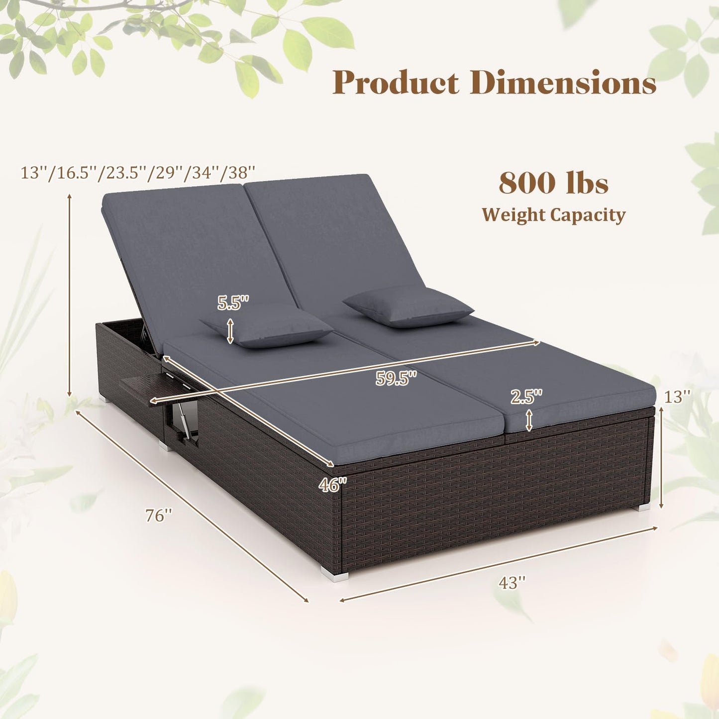 Tangkula Outdoor Rattan Daybed with 6-Level Adjustable Backrests, 2-Person Adjustable Wicker Recliner Bed with Cushions & Folding Side Trays, Double Sunbed Lounger for Balcony, Backyard & Poolside