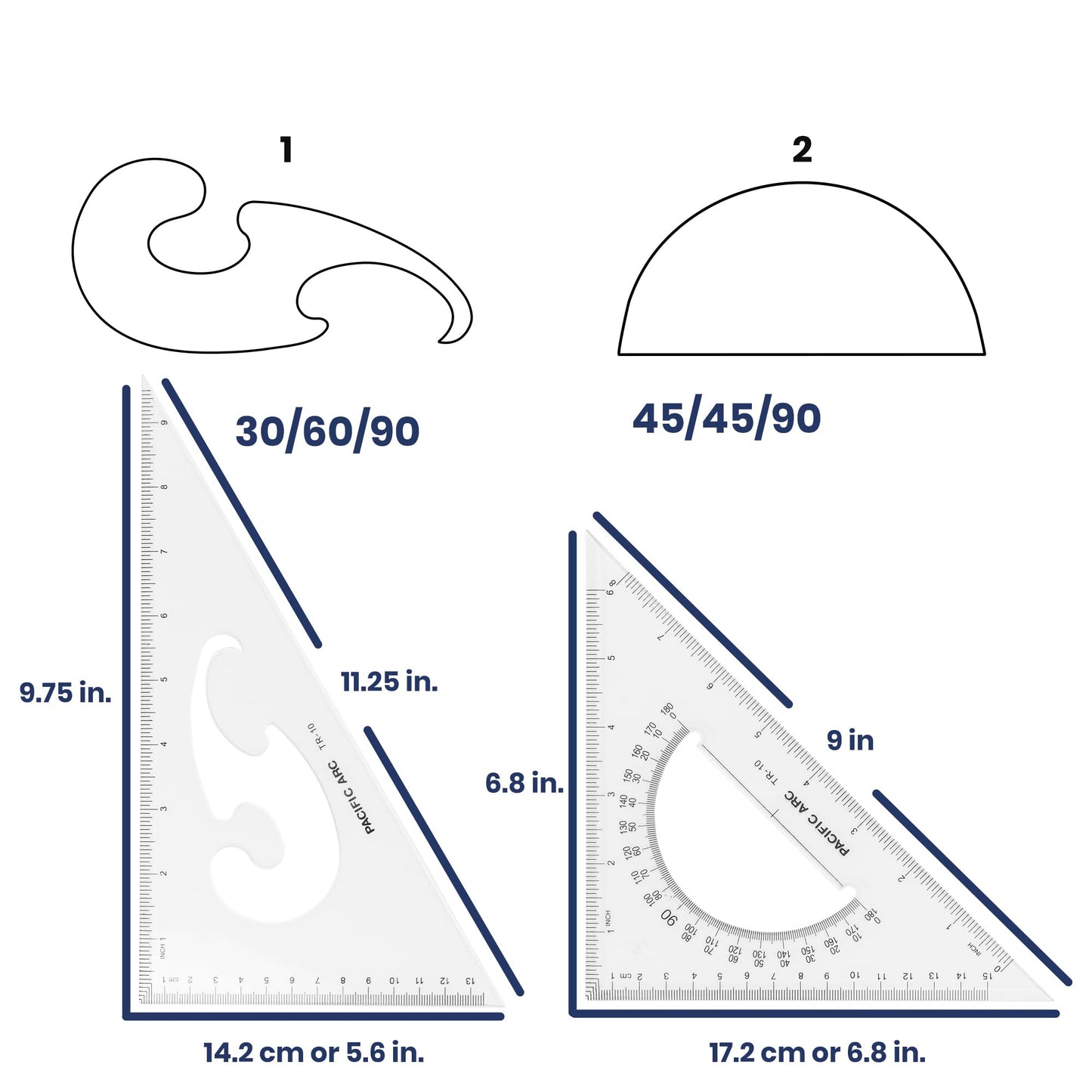 Pacific Arc - Triangle Set 10 Inch 30/60 & 45/90 - Student, Professional or DIY use. - 2 Pack