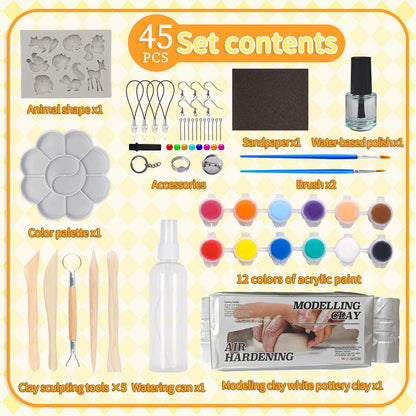 GOVOY Air Dry Clay Pottery Kit DIY Clay Kit for Beginners Handmade Pottery at Home with 12pcs of Paints Wooden Sculpting Tools Animal Mold Kids Adults Arts and Crafts Set