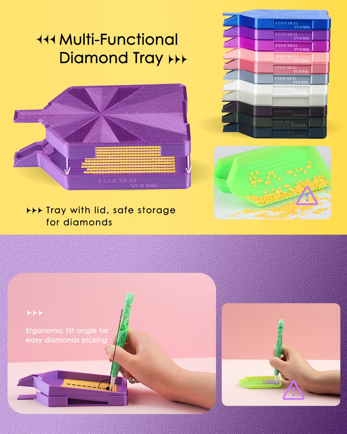 Silky Diamond Painting Tray with Lid, Diamond Painting Accessories, Diamond Art Tray with Prismatic Shine Lid, Diamond Art Accessories and Tools for 5D Diamond Painting Beads, Silky Silver