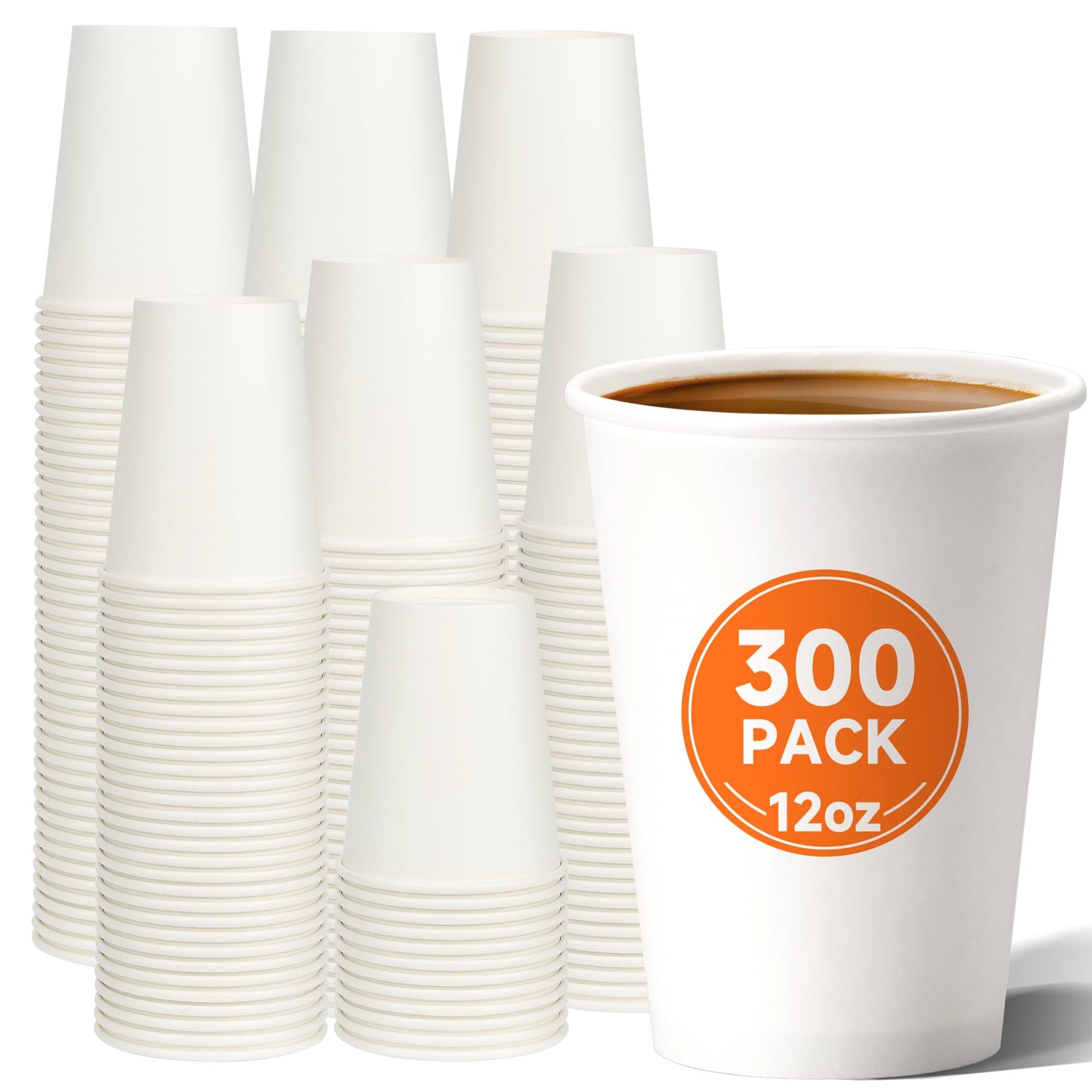 METAPRINT 12 oz Disposable Paper Coffee Cups [300 Pack], White Hot Coffee Cups 12 oz, Thickened Design for Cafes, Bistros, Parties, and Events