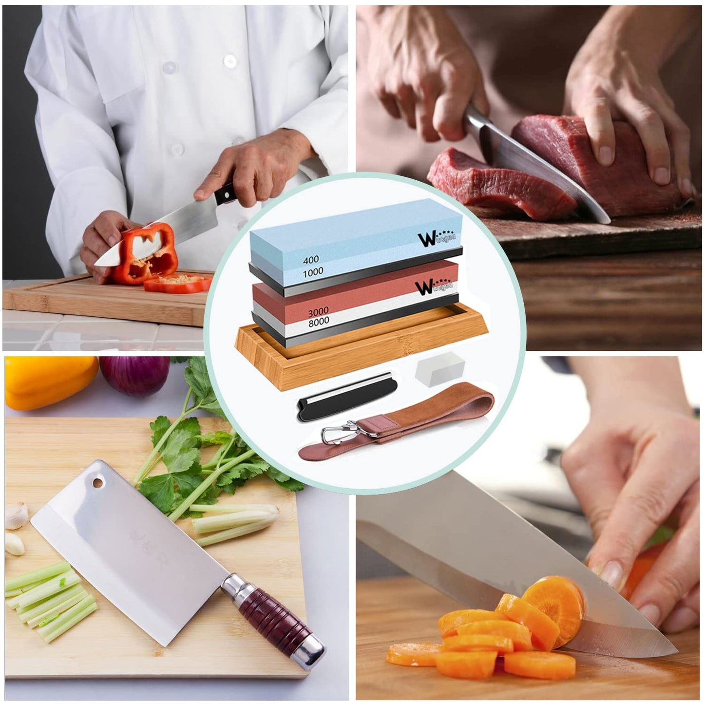 Wucgea Knife Sharpening Stone Kit - 400/1000 3000/8000 Grit Japanese Whetstone Set with Non-Slip Rubber Base, Angle Guide, Flattening Stone and Leather Strop
