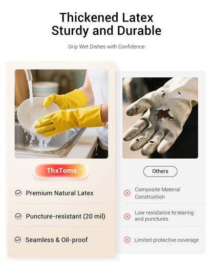 ThxToms 10 Pairs Heavy Duty Rubber Cleaning Gloves, 20 Mil Extra Thick & Long-Lasting, Reusable Household Dishwashing Gloves, Non-Slip Grip for Bathroom, Kitchen, Gardening, Pet Care, 13inch, M