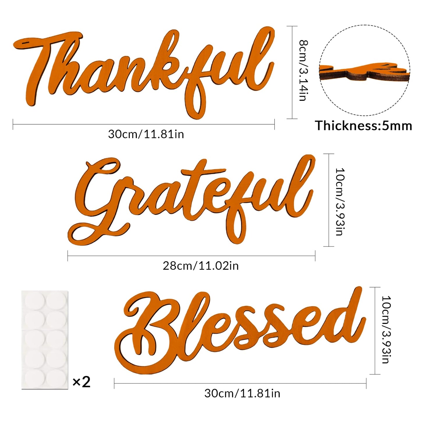 Zaruatu 3 Pcs Unfinished Wood Thanksgiving Cutout Thankful Grateful Blessed Word Sculptures Sign Wooden Letter Decorations for Wreath DIY Crafts Door Hanger Wall Art Decor (Orange-Thankful)