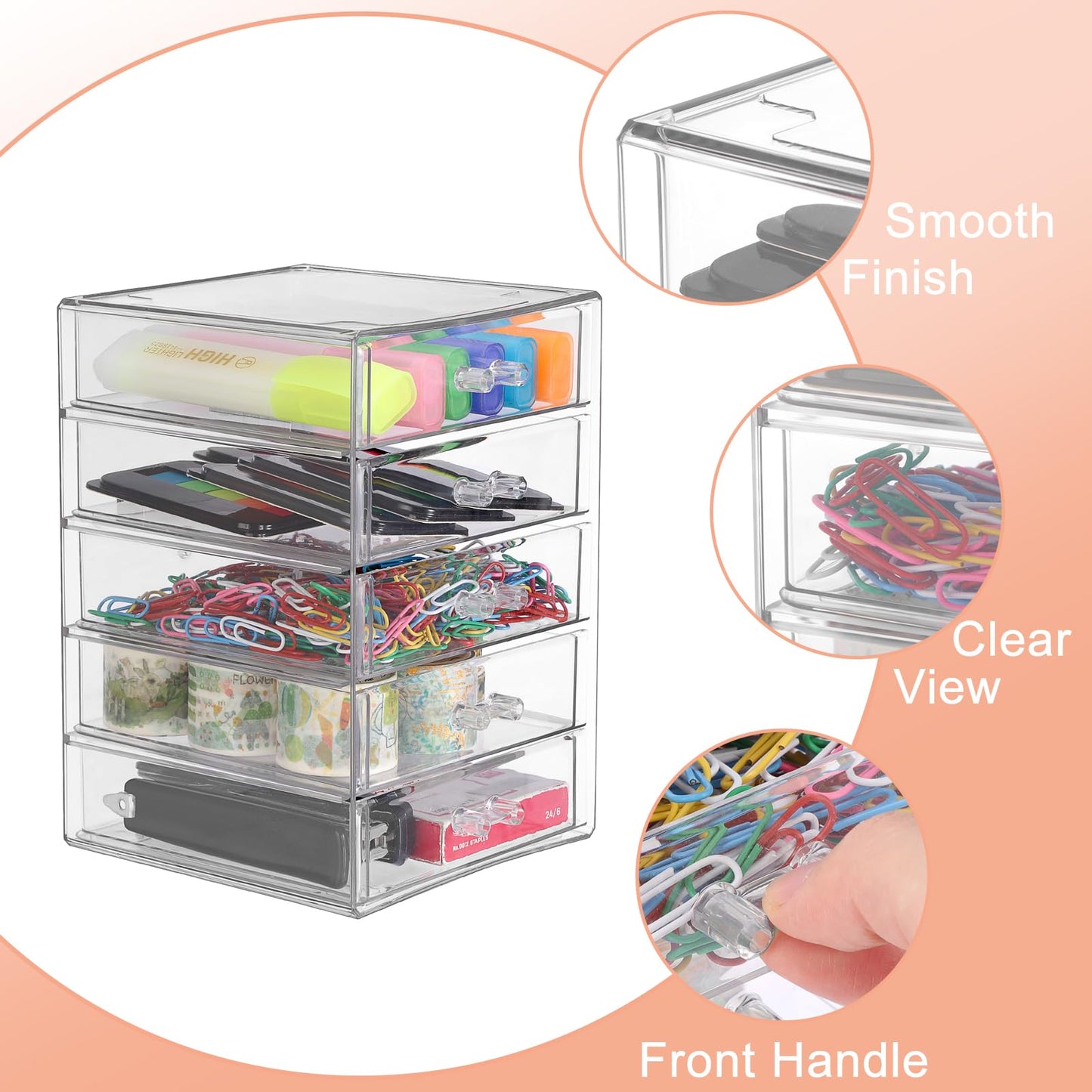 BTSKY Clear Acrylic Storage Organizer with Drawers, 5-Layer Desktop Organizer for Office Essentials, Multi-Purpose Stackable Container for Bathroom Vanity, Desk Makeup Jewelry Container Storage Box