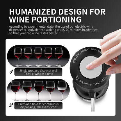 Rechargeable Wine aerator Electric Wine Decanter, Automatic Wine Dispenser withStorage Base,Two Modes:long press to continuously Dispense wine/single press to Dispense75ml of Wine