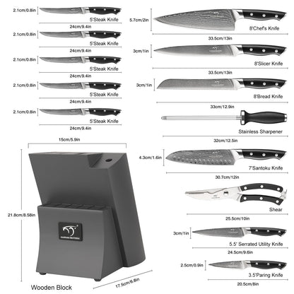 Damascus Kitchen Knife Set, 15-Piece Kitchen Knife Set with Block, ABS Ergonomic Handle for Chef Knife Set and Serrated Steak Knives Knife Sharpener and Kitchen Shears, 14 Slots Wooden Knife Block