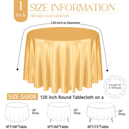 KKJIAF 4 Pack 120 Inch Round Tablecloth Satin Gold Round Table Cover, Silky Satin Dining Table Cloth for Wedding, Party, Banquet, Restaurant, Formal Events